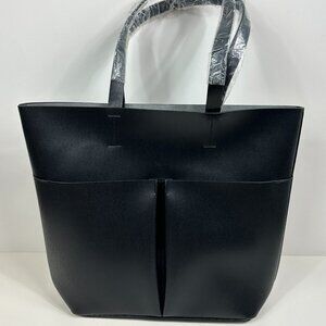 New black leather tote with side pockets